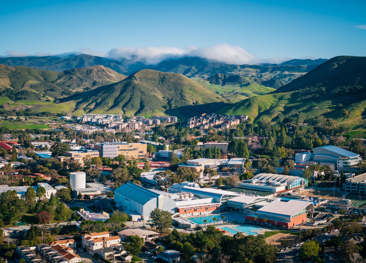Aerial view of the Cal Poly San Luis Obispo campus with the surrounding hills