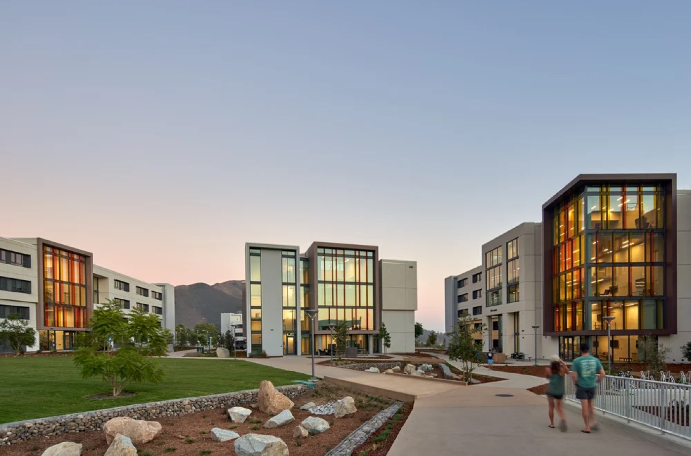 Cal Poly residence halls at dusk